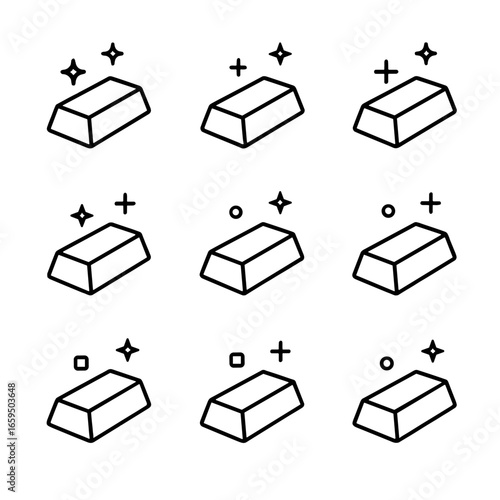 Metal Ingot Icons. Outline icon set of metal ingots: gold ingot, silver ingot, copper ingot, aluminum ingot, iron ingot, lead