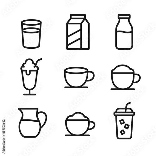 Milky Beverage Icons. Outline icon set of milky beverages: glass of milk, milk carton, milk bottle, milkshake, latte cup,