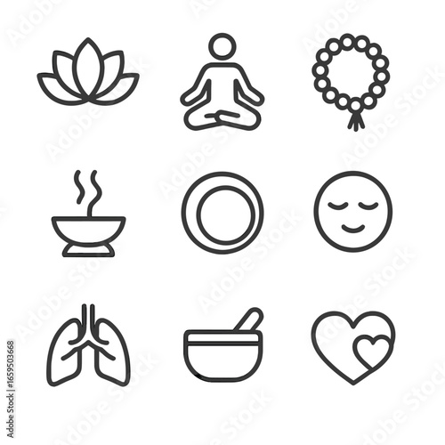 Mindfulness Icon Set. Outline icon set of meditation and mindfulness: lotus flower, meditation pose, chanting beads, incense