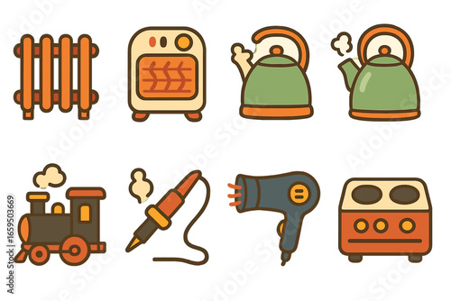 Colorful Heat Technology Icons. Flat vector mini-illustrations heat in technology in colors children's illustrations: radiator,