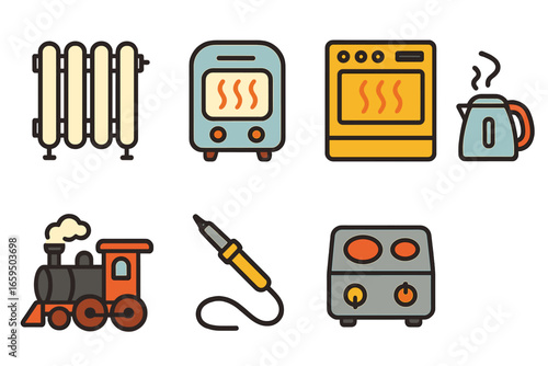 Colorful Heat Technology Icons. Flat vector mini-illustrations heat in technology in colors children's illustrations: radiator,