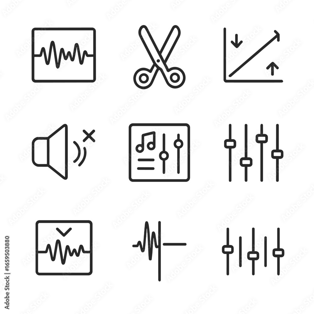 Fototapeta premium MP3 Editing Icons. Outline icon set of MP3 editing tools: waveform editor, cut tool, fade in/out, volume adjustment, effects panel