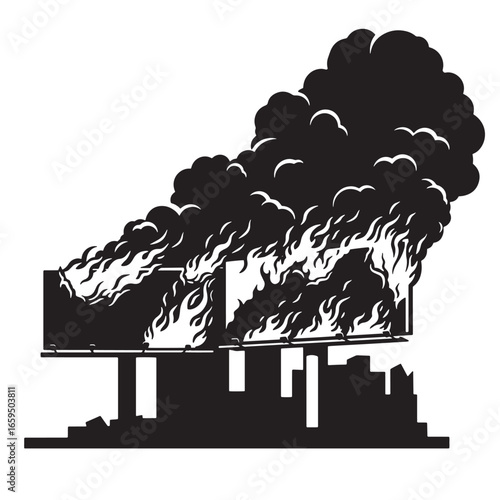 Burning billboard advertising concept illustration with flames and city silhouette in monochrome