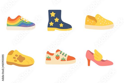 Colorful Kids Shoe Collection. Flat vector mini-illustrations custom shoe designs in colors children's illustrations: rainbow