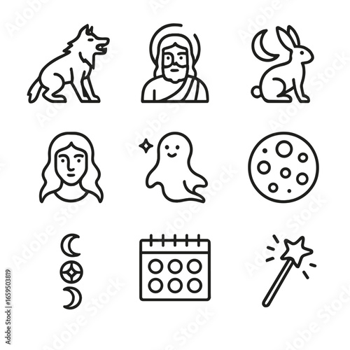 Moon Mythology Icons. Outline icon set of moon mythology: werewolf, lunar deity, moon rabbit, moon goddess, night spirit,