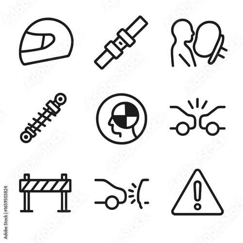 Momentum Safety Icons. Outline icon set of momentum safety and impact: crash helmet, seatbelt, airbags, shock absorber, safety
