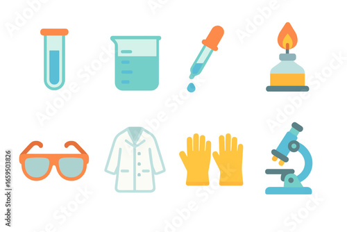 Colorful Lab Equipment Icons. Flat vector mini-illustrations ion lab equipment in colors children's illustrations: test tube,