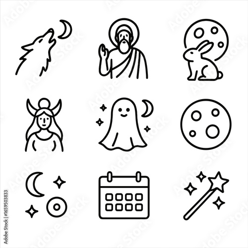 Moon Mythology Icons. Outline icon set of moon mythology: werewolf, lunar deity, moon rabbit, moon goddess, night spirit,
