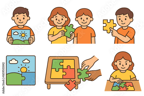 Children's Puzzle Play. Flat vector mini-illustrations building a puzzle together in colors children's