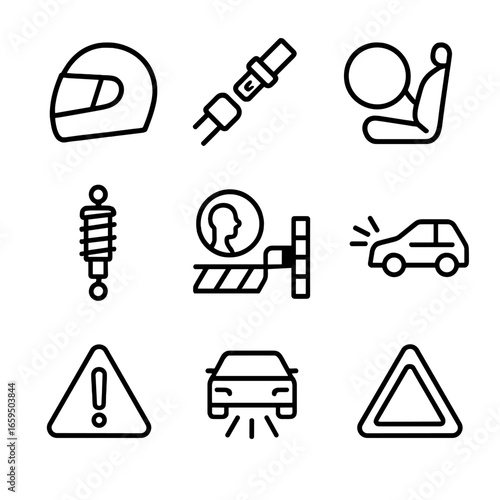 Momentum Safety Icons. Outline icon set of momentum safety and impact: crash helmet, seatbelt, airbags, shock absorber, safety
