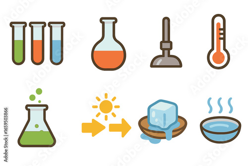 Colorful Lab Illustrations. Flat vector mini-illustrations laboratory endothermic experiments in colors children's illustrations: