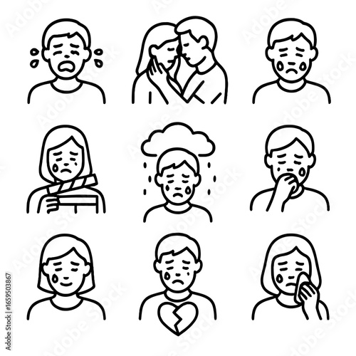Movie Cry Icon Set. Outline icon set of cry in movies: dramatic cry, emotional movie scene, tears of despair, movie tearful moment