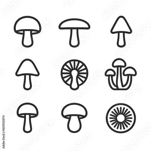Mushroom Icon Grid. Outline icon set of mushroom shapes and forms: round cap, flat cap, conical cap, bell-shaped cap, stem length,