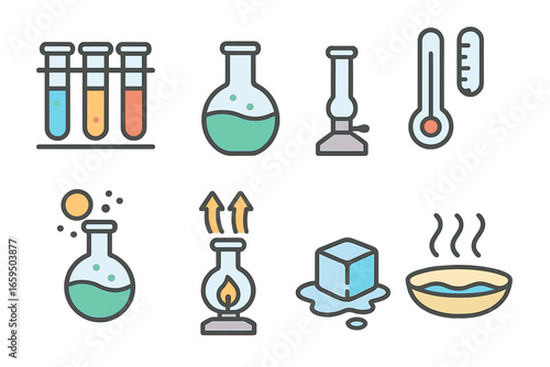 Colorful Lab Illustrations. Flat vector mini-illustrations laboratory endothermic experiments in colors children's illustrations: