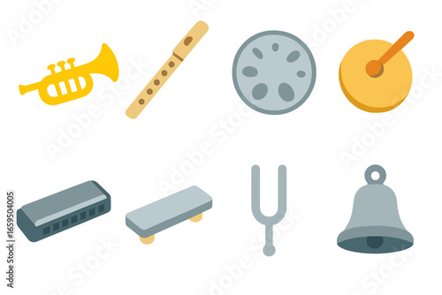 Musical Instruments Icons. Flat vector mini-illustrations musical alloy instruments in colors children's illustrations: brass