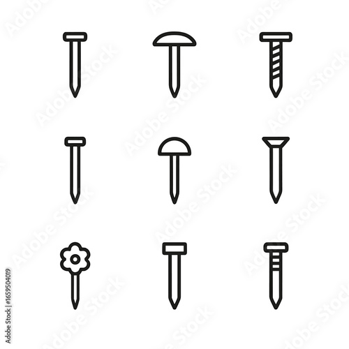 Nail Icon Set. Outline icon set of nail applications: woodworking nail, roofing nail, framing nail, finishing nail, upholstery