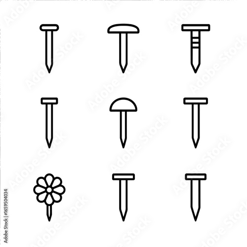 Nail Icon Set. Outline icon set of nail applications: woodworking nail, roofing nail, framing nail, finishing nail, upholstery