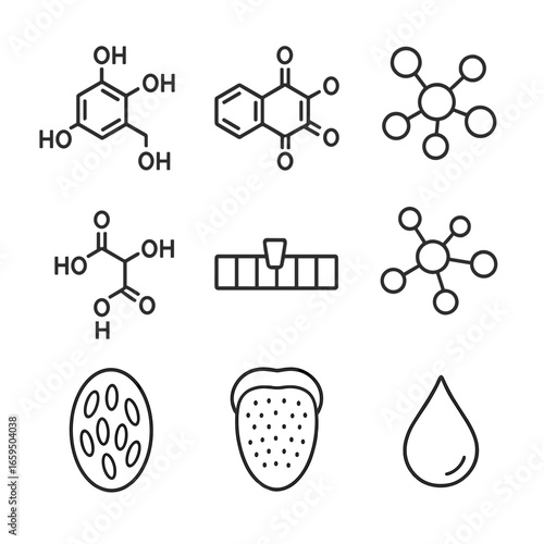 Blueberry Chemistry Icons. Outline icon set of blueberry flavor chemistry: sugar molecule, anthocyanin, flavor compounds, citric