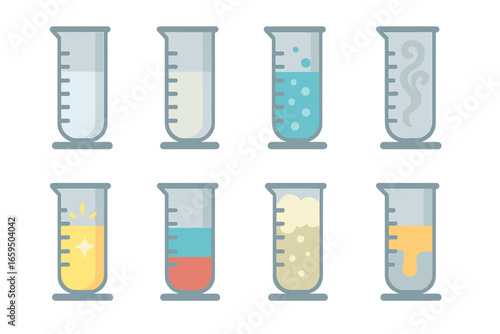 Colorful Liquid Icons. Flat vector mini-illustrations graduated cylinder colors and textures in colors children's illustrations: