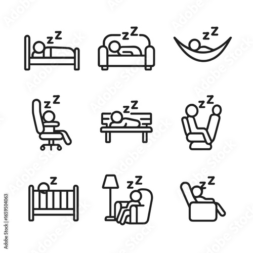 Nap Environment Icons. Outline icon set of nap environments: bedroom, sofa, hammock, office chair, park bench, car seat, nursery,
