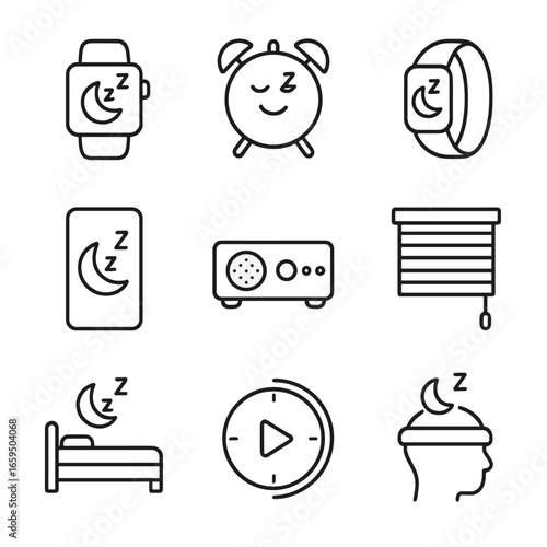 Nap Technology Icons. Outline icon set of nap technology: sleep tracker, smart alarm, wearable monitor, sleep app, sound machine,