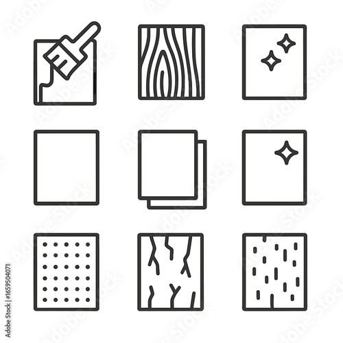 Board Finish Icons. Outline icon set of board finishing options: painted, stained, varnished, raw, laminated, polished, textured,