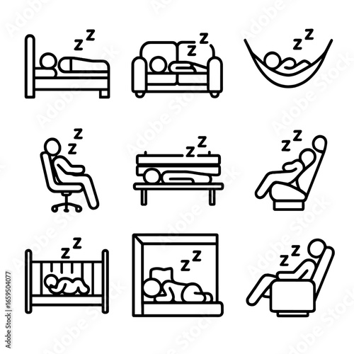 Nap Environment Icons. Outline icon set of nap environments: bedroom, sofa, hammock, office chair, park bench, car seat, nursery,
