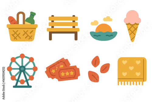 Romantic Date Icons. Flat vector mini-illustrations romantic dates in colors children's illustrations: picnic basket, park bench,