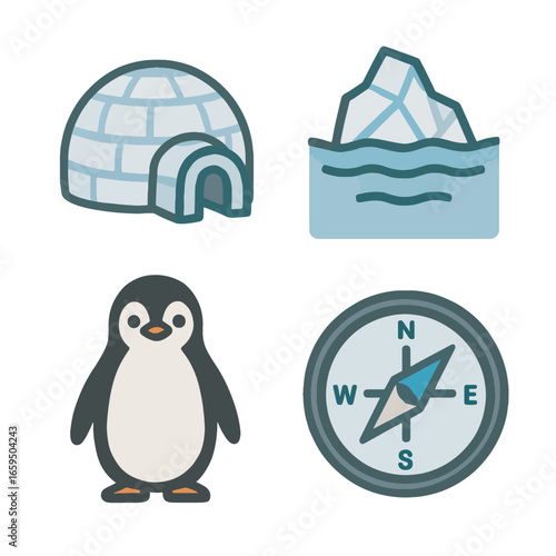 Simple Line Art Arctic Climate Element Icon Set with Cute Cartoon Style