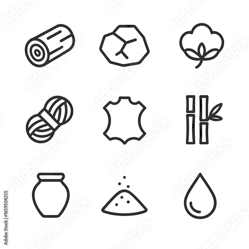Natural Material Icons. Outline icon set of natural materials: wood log, stone rock, cotton fiber, wool yarn, leather hide, bamboo