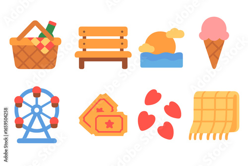 Romantic Date Icons. Flat vector mini-illustrations romantic dates in colors children's illustrations: picnic basket, park bench,