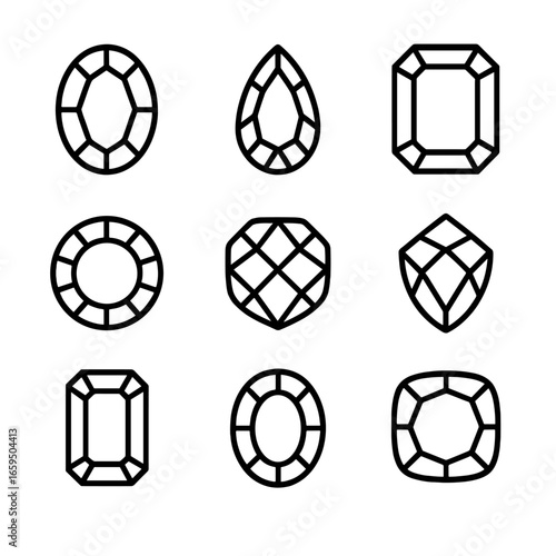 Colorful Topaz Icons. Outline icon set of topaz colors: blue topaz, imperial topaz, pink topaz, yellow topaz, white topaz, mystic