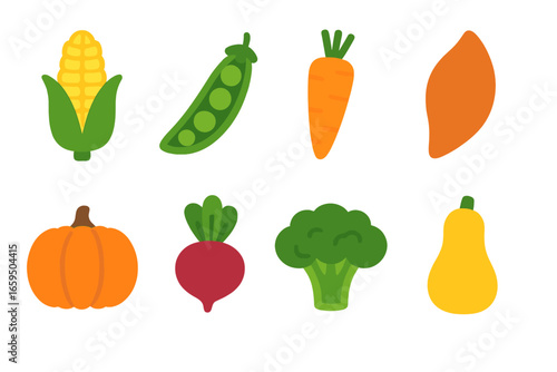 Colorful Veggie Icons. Flat vector mini-illustrations carbohydrate rich vegetables in colors children's illustrations: corn, peas,
