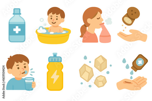 Salt in Medicine Icons. Flat vector mini-illustrations salt in medicine in colors children's illustrations: saline solution, salt