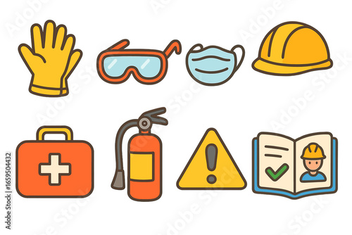 Safety Gear Icons. Flat vector mini-illustrations safe handling in colors children's illustrations: safety gloves, protective
