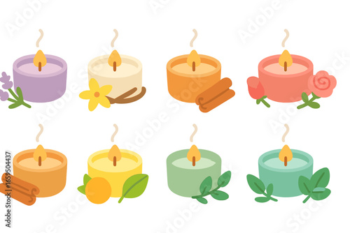 Scented Candle Icons. Flat vector mini-illustrations scented candles in colors children's illustrations: lavender candle, vanilla