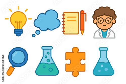 Science Icons Grid. Flat vector mini-illustrations hypothesis formation in colors children's illustrations: light bulb, thought