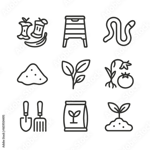 Composting Icons Outline. Outline icon set of composting: food scraps, compost bin, earthworm, garden soil, leaves, organic waste,