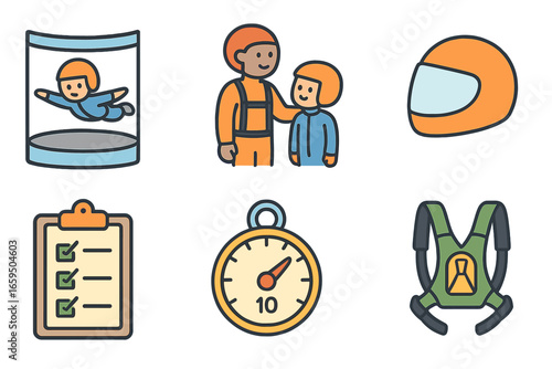 Skydiving Training Icons. Flat vector mini-illustrations skydiving training in colors children's illustrations: simulator,