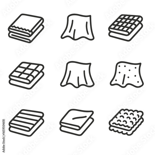 Cotton Fabric Icons. Outline icon set of cotton fabric types: denim, jersey, flannel, canvas, muslin, voile, poplin, sateen, terry