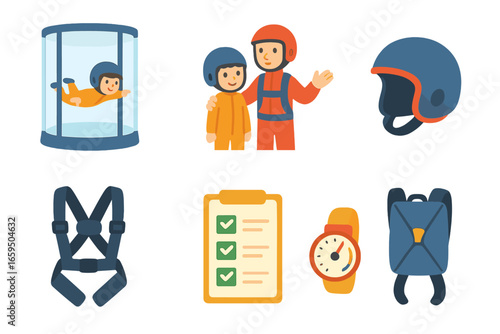 Skydiving Training Icons. Flat vector mini-illustrations skydiving training in colors children's illustrations: simulator,