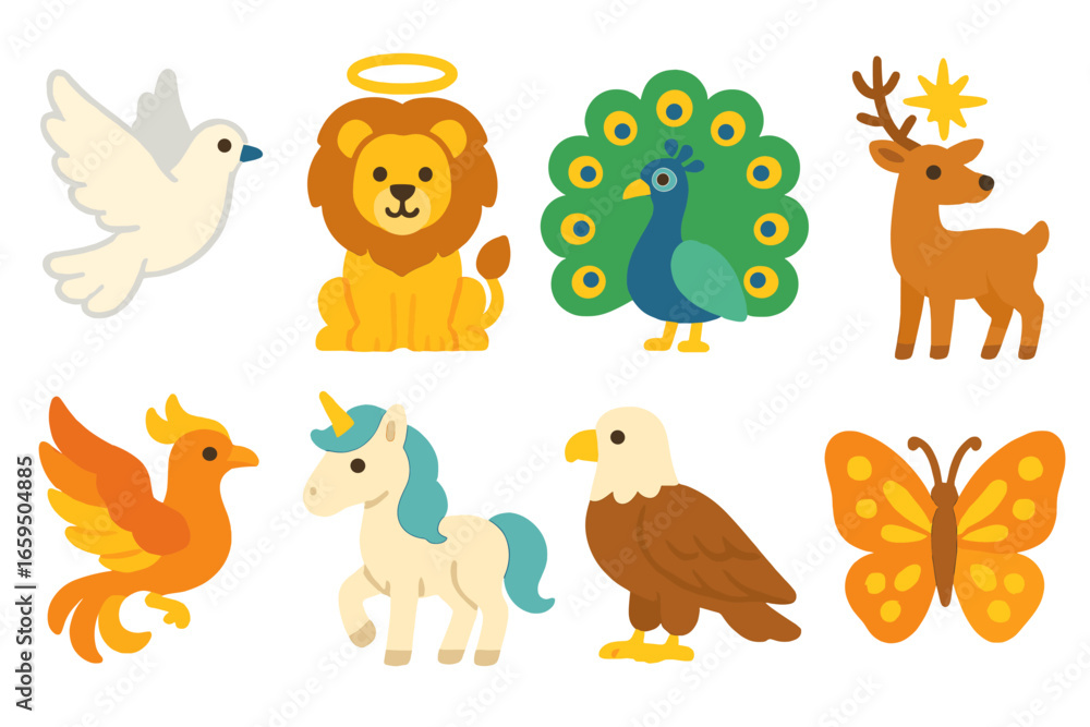 Obraz premium Divine Animals Icons. Flat vector mini-illustrations divine animals in colors children's illustrations: white dove, lion with halo