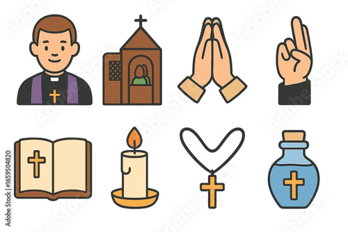 Spiritual Symbols Grid. Flat vector mini-illustrations Spiritual father in colors children's illustrations: priest, confession