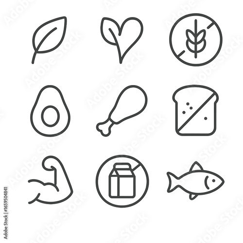Dietary Preference Icons. Outline icon set of savory dietary preferences: vegetarian, vegan, gluten-free, keto, paleo, low-carb,