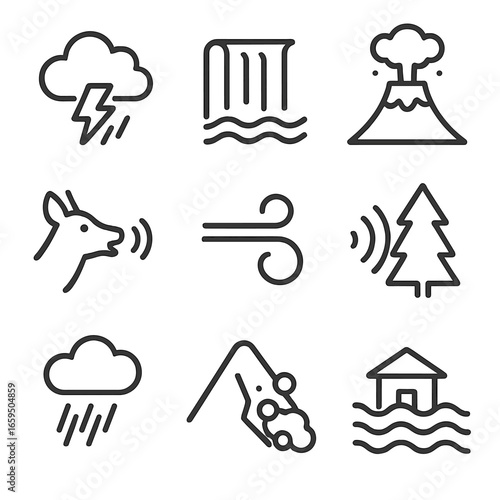 Nature Noise Icons. Outline icon set of noise in nature: thunderstorm, waterfall, volcanic eruption, animal calls, wind blowing,