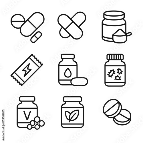 Dietary Supplements Icons. Outline icon set of dietary supplements: pills, capsules, protein powder, energy bars, omega-3,