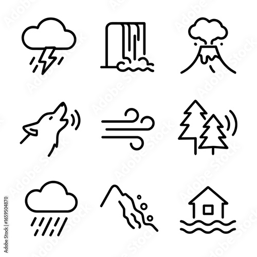 Nature Noise Icons. Outline icon set of noise in nature: thunderstorm, waterfall, volcanic eruption, animal calls, wind blowing,