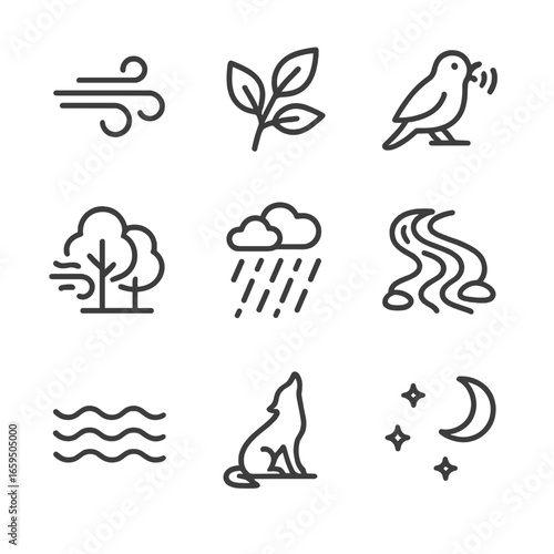 Nature Whisper Icon Set. Outline icon set of whisper in nature: gentle breeze, rustling leaves, bird chirp, wind in trees, soft