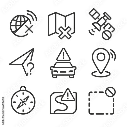 Navigation Signal Issues Icons. Outline icon set of signal loss in navigation: GPS outage, map error, satellite signal drop, lost