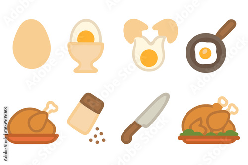 Turkey Eggs Cooking. Flat vector mini-illustrations turkey eggs and cooking in colors children's illustrations: raw egg, boiled